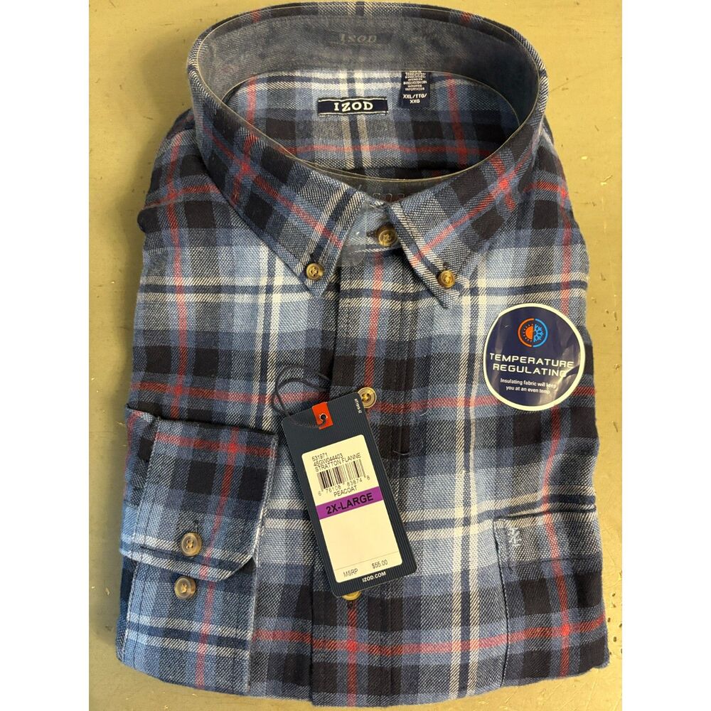 IZOD Stratton men's blue navy flannel plaid shirt 2XL NWT temperature regulating